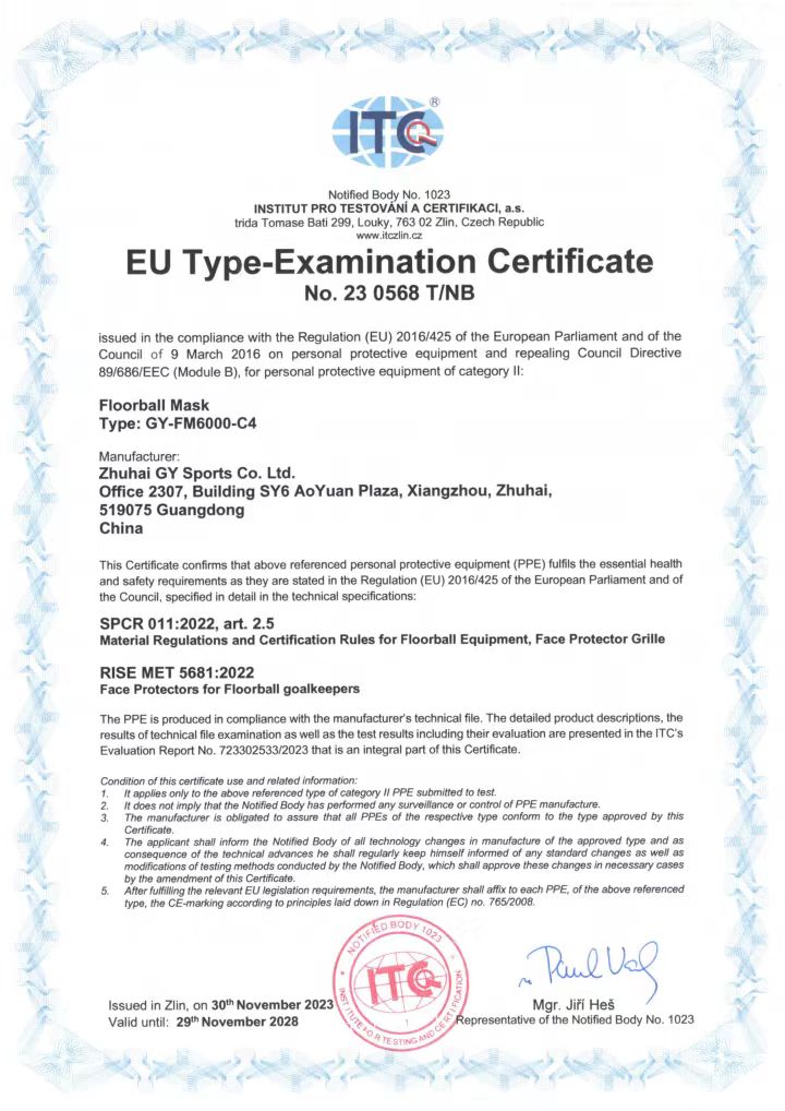 Florbalová maska ​​GY získala certifikáciu CE
