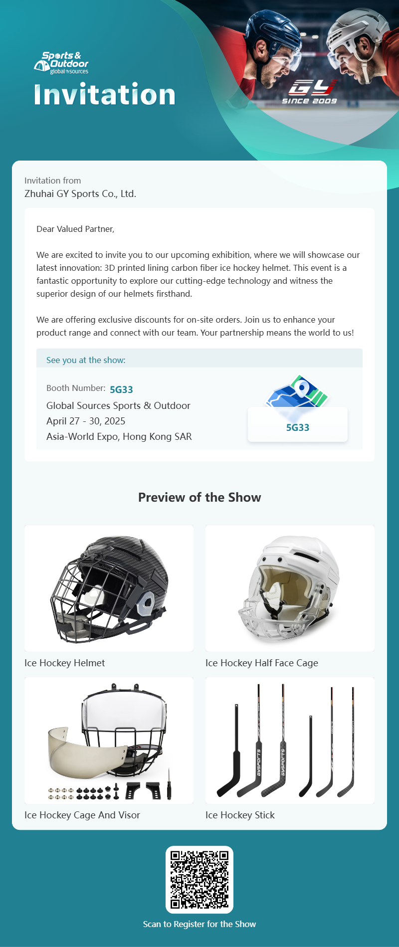 GY Global Sources Sports & Outdoor, 27. – 30. apríla 2025, Asia-World Expo, Hong Kong SAR, číslo stánku. 5G33